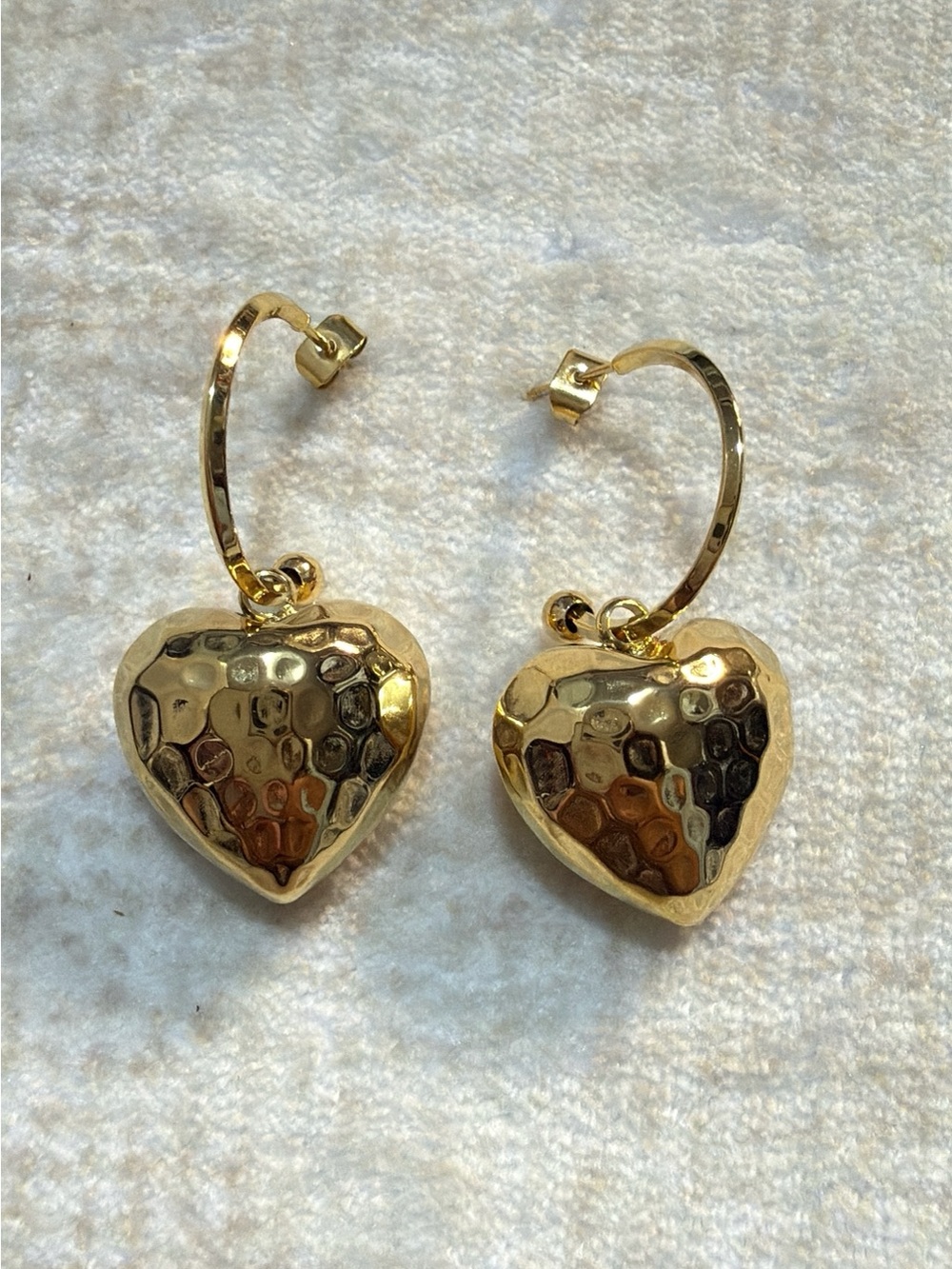 316L Gold Hammered Heart Drop Earrings Hypoallergenic Chunky Puffy Hearts